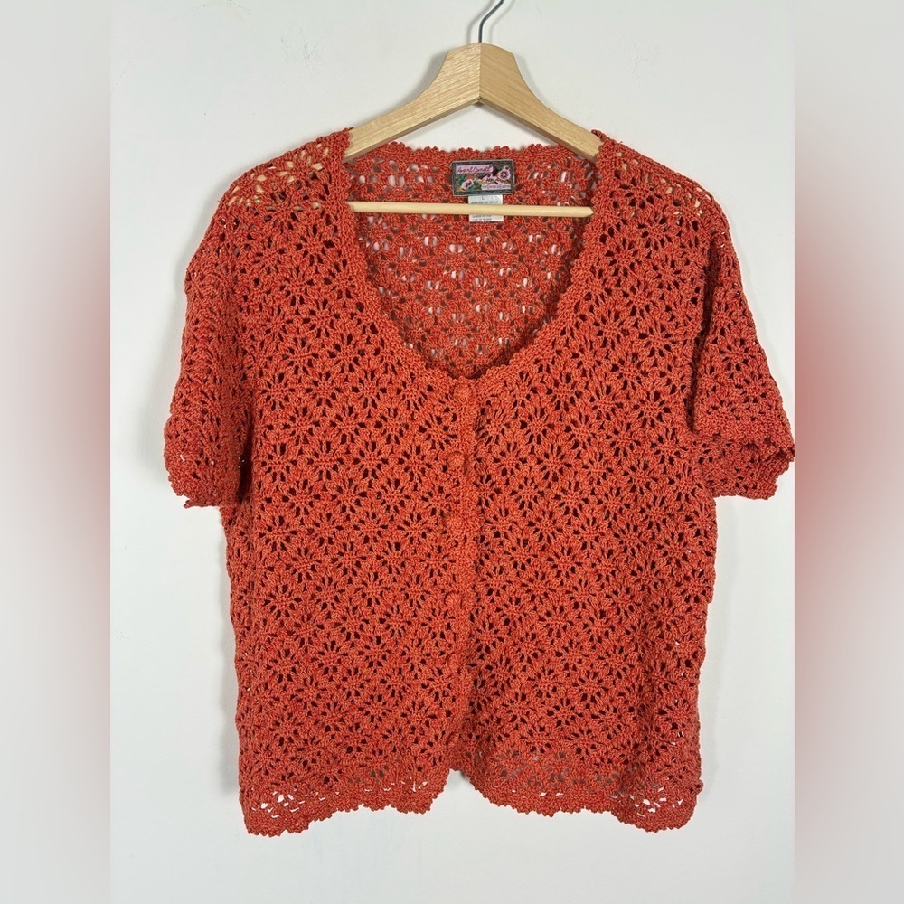 Vtg April Cornell Crochet Cardigan Top L Orange Button Grandma Granny Cottage